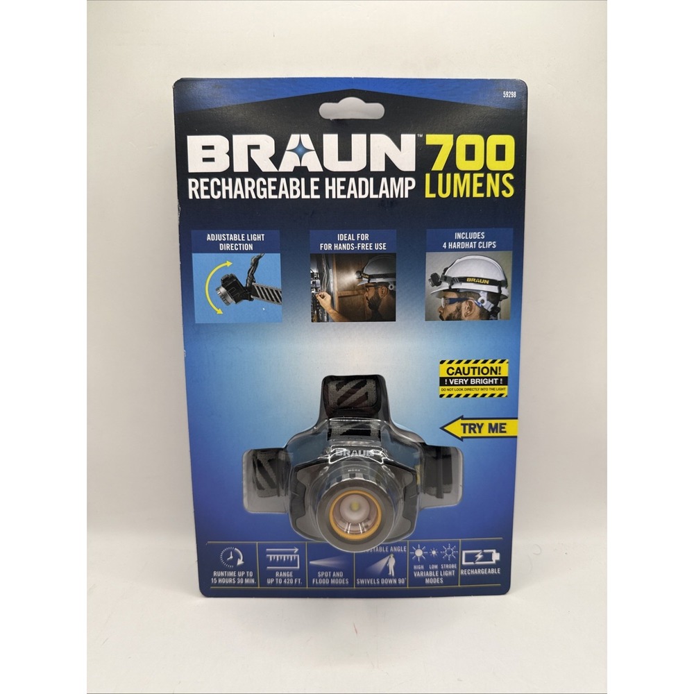 New! Braun 700 Lumen Adjustable Rechargeable LED Headlamp W/Charging Cable 59298